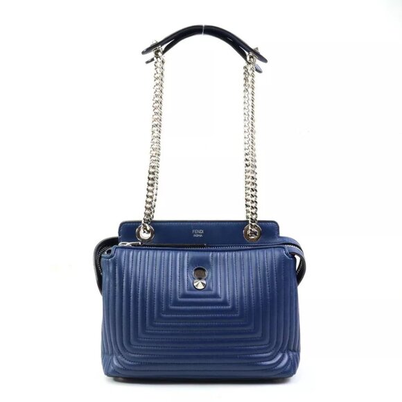 FENDI Dotcom Shoulder Bag Navy Blue/Silver Leather/Metal - Picture 1 of 13